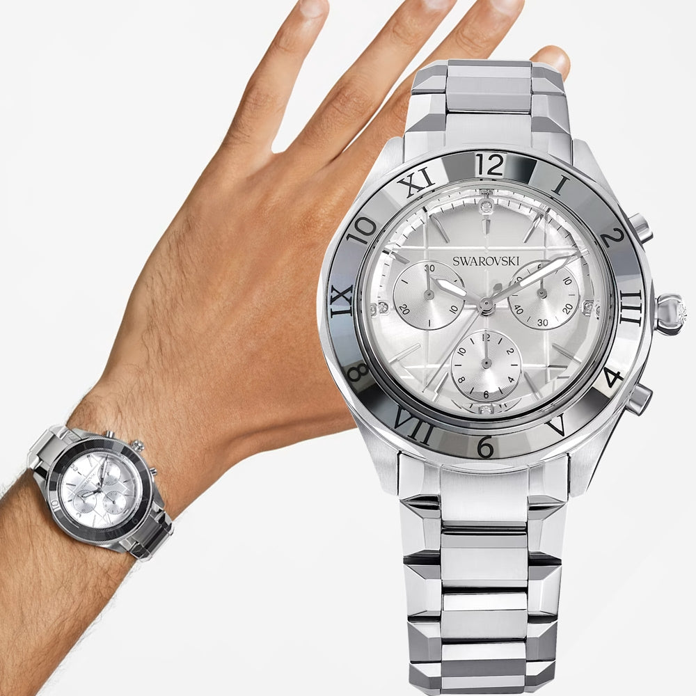 Swarovski Dextera silver chronograph watch worn on wrist next to product shot