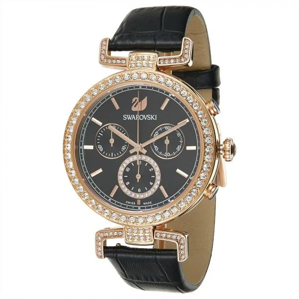 Swarovski Era Journey watch at angle showing rose gold case with crystal setting and black leather strap