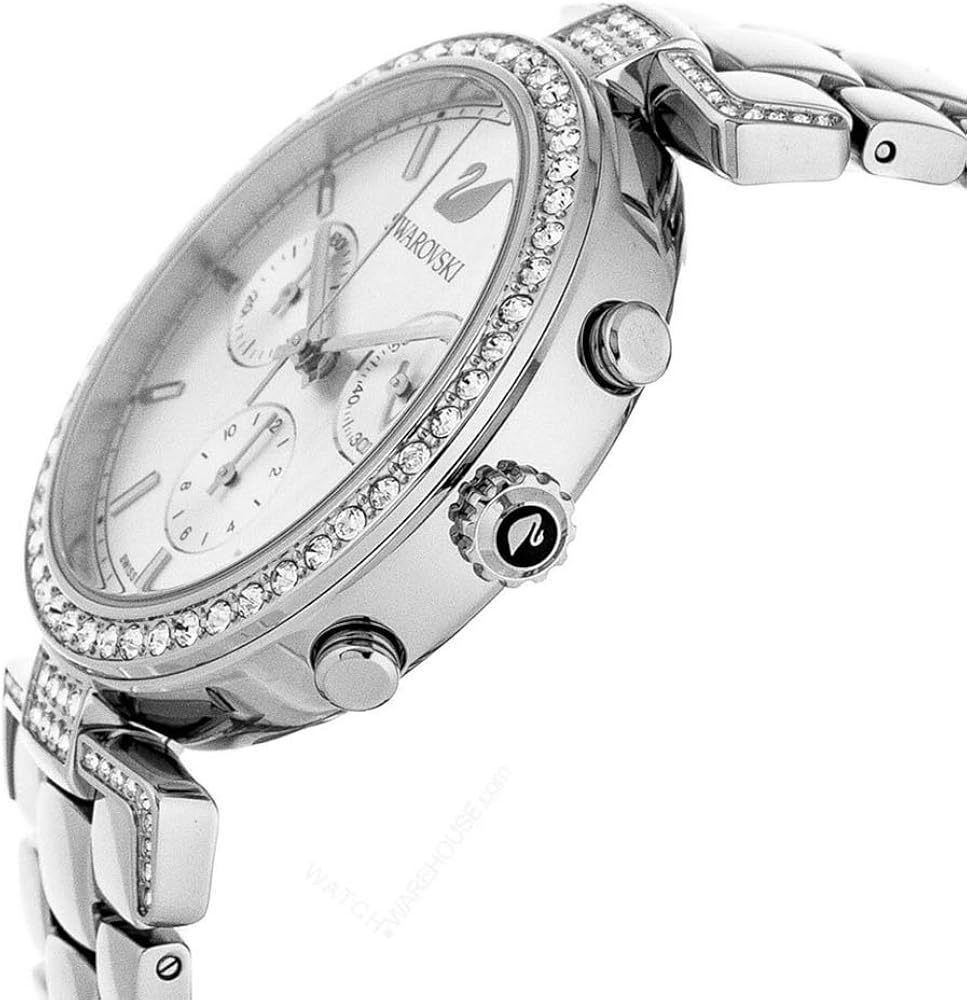 Side angle view of Swarovski Era Journey chronograph watch with silver bracelet and dial