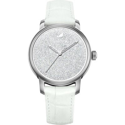 Swarovski Eternal women's watch with white crystal pave dial, silver case and white leather strap