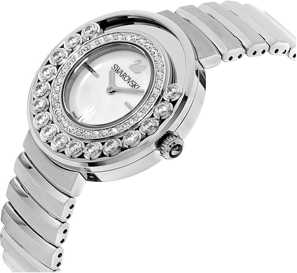 Silver watch displayed at angle showcasing crystal bezel and segmented bracelet