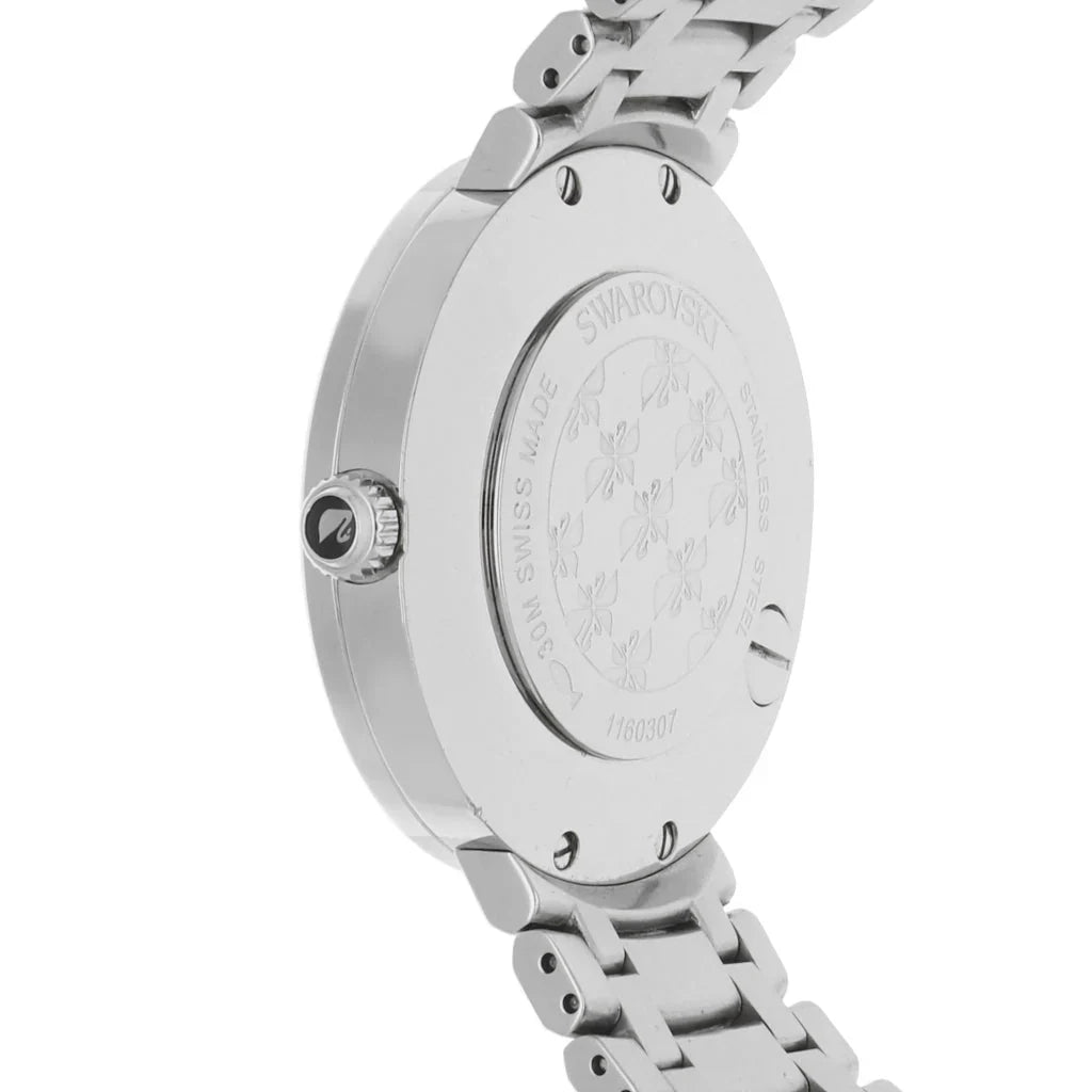 Side view of Swarovski watch showing crown detail and crystal-set bezel profile