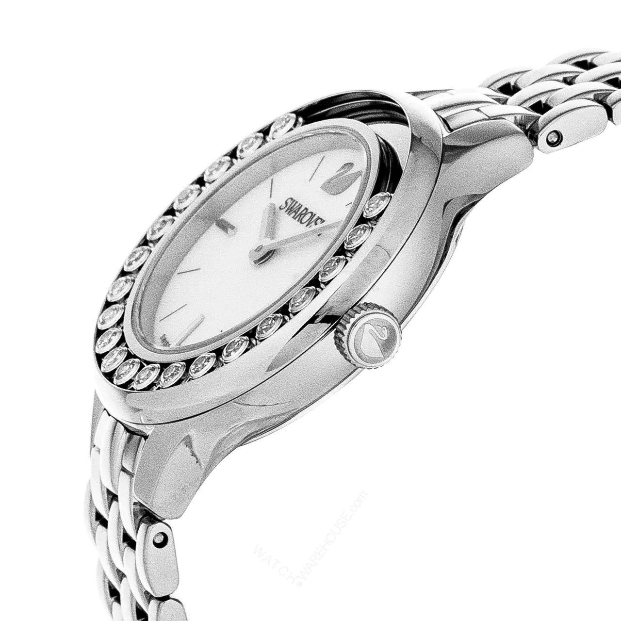 Swarovski Lovely Crystals Mini watch displayed at angle showing silver steel bracelet and crystal details