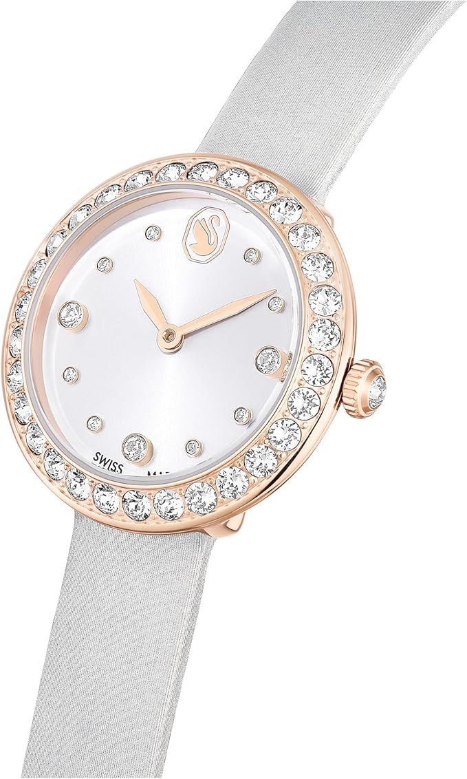 Three-quarter view of Swarovski Matrix Tennis watch with rose gold bezel and white leather strap