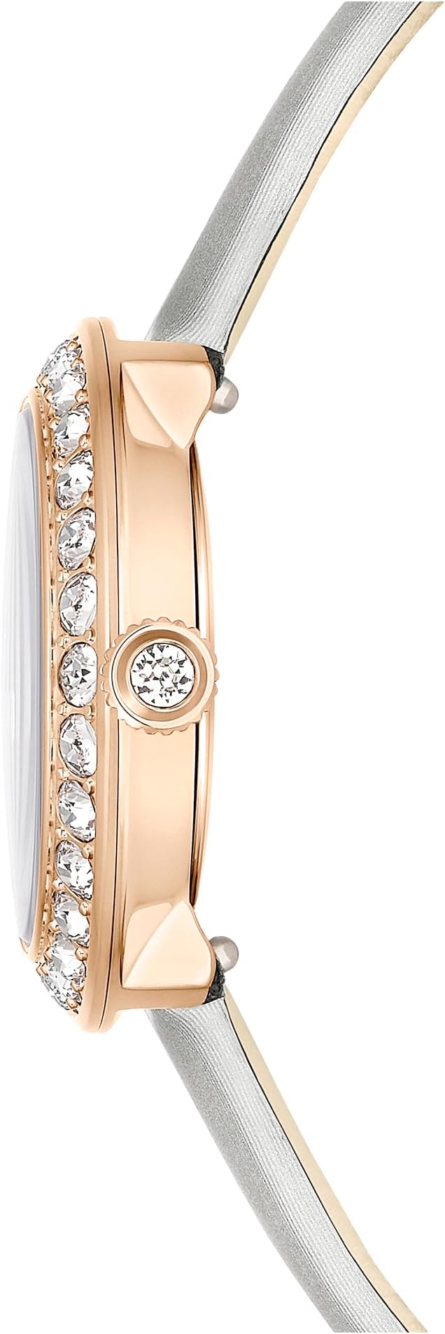 Side profile of Swarovski Matrix Tennis watch case showing rose gold metal and strap connection