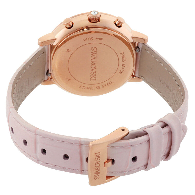 Caseback of Swarovski Matrix Tennis watch showing stainless steel rose gold case with Swarovski branding