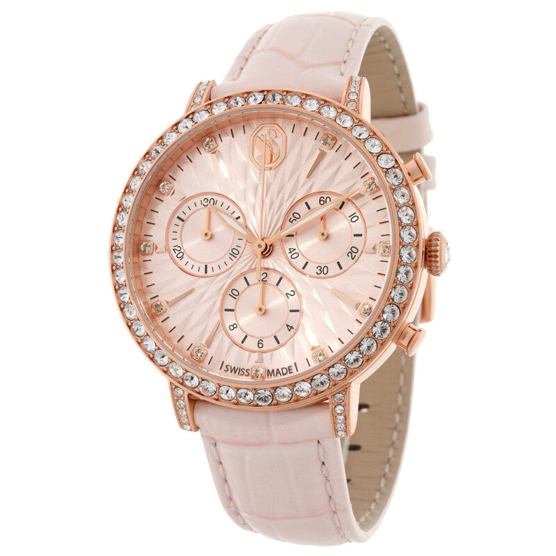 Swarovski Matrix Tennis rose gold chronograph watch with crystal bezel, pink dial, and pink leather strap
