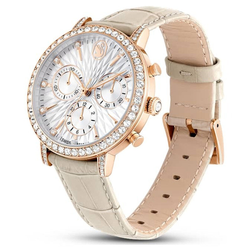 Side angle view of Matrix Tennis Chrono with cream crocodile leather strap and rose gold bezel