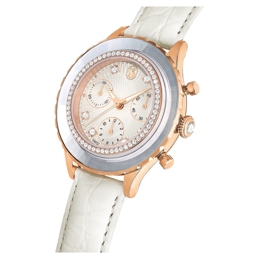 Swarovski Octea Chrono watch at angle showing white crocodile-texture leather strap and rose-gold case