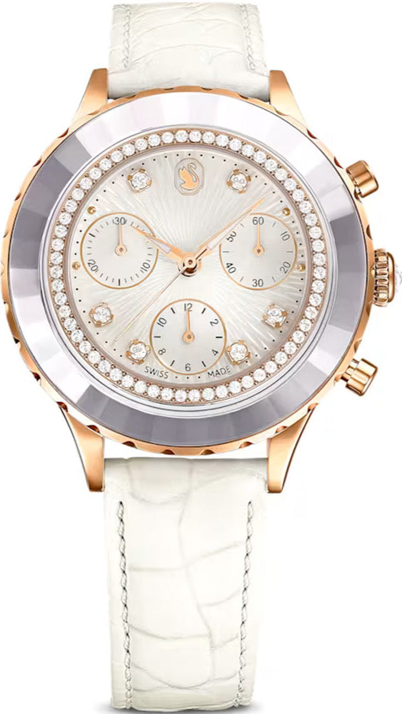Swarovski Octea Chrono quartz watch with white leather strap and rose-gold chronograph case