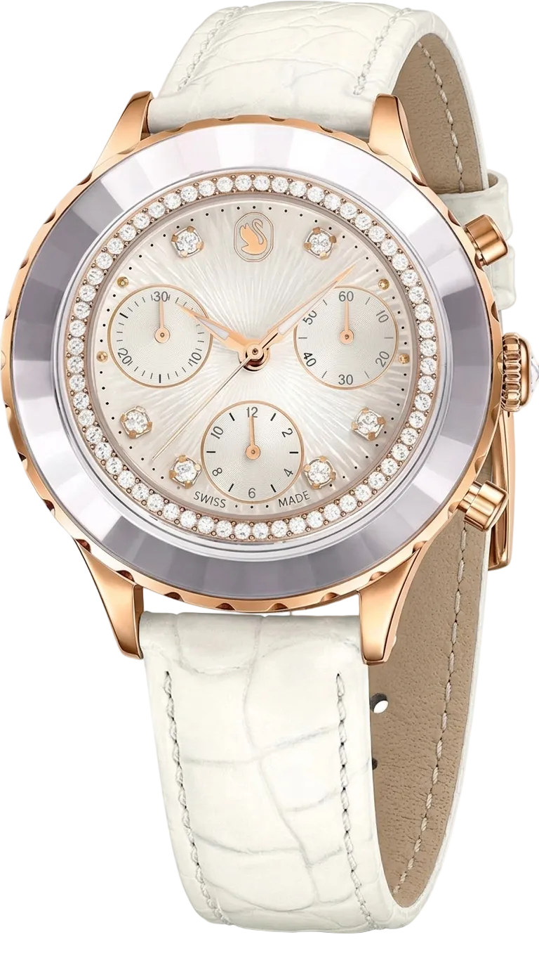 Swarovski Octea Chrono women's watch with white dial, rose-gold case, and crystal diamond bezel