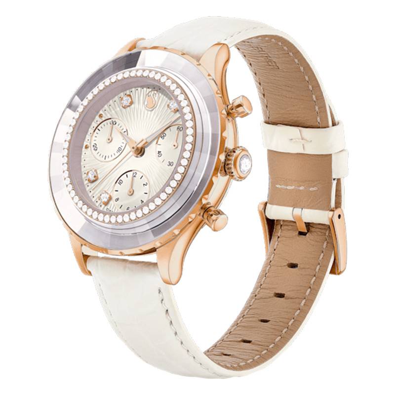 Swarovski Octea Chrono chronograph watch worn on wrist with white leather strap