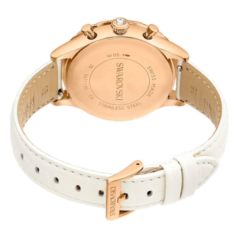 Swarovski Octea Chrono side profile showing rose-gold case thickness and white leather strap