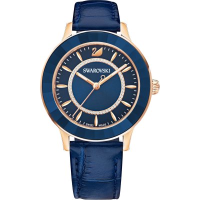 Swarovski Octea Lux women's watch with blue dial, rose gold case, and blue leather strap