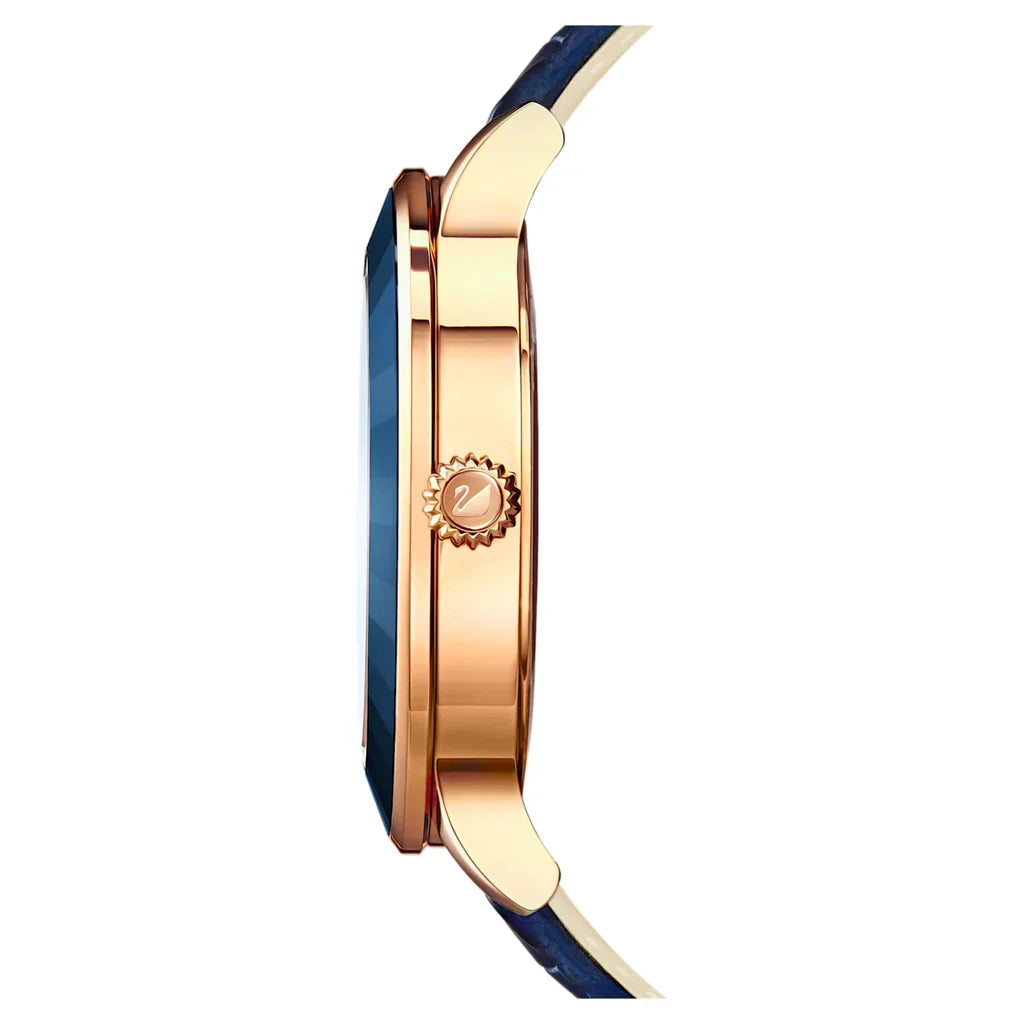 Side view of Swarovski Octea Lux showing rose gold case profile and blue leather strap
