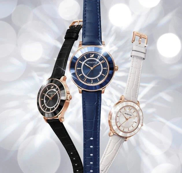 Swarovski Octea Lux watch shown with interchangeable colored leather straps