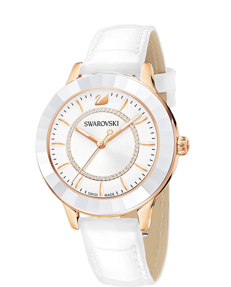 Swarovski Octea Lux watch at angle showing white dial with crystallized bezel and rose gold-tone case