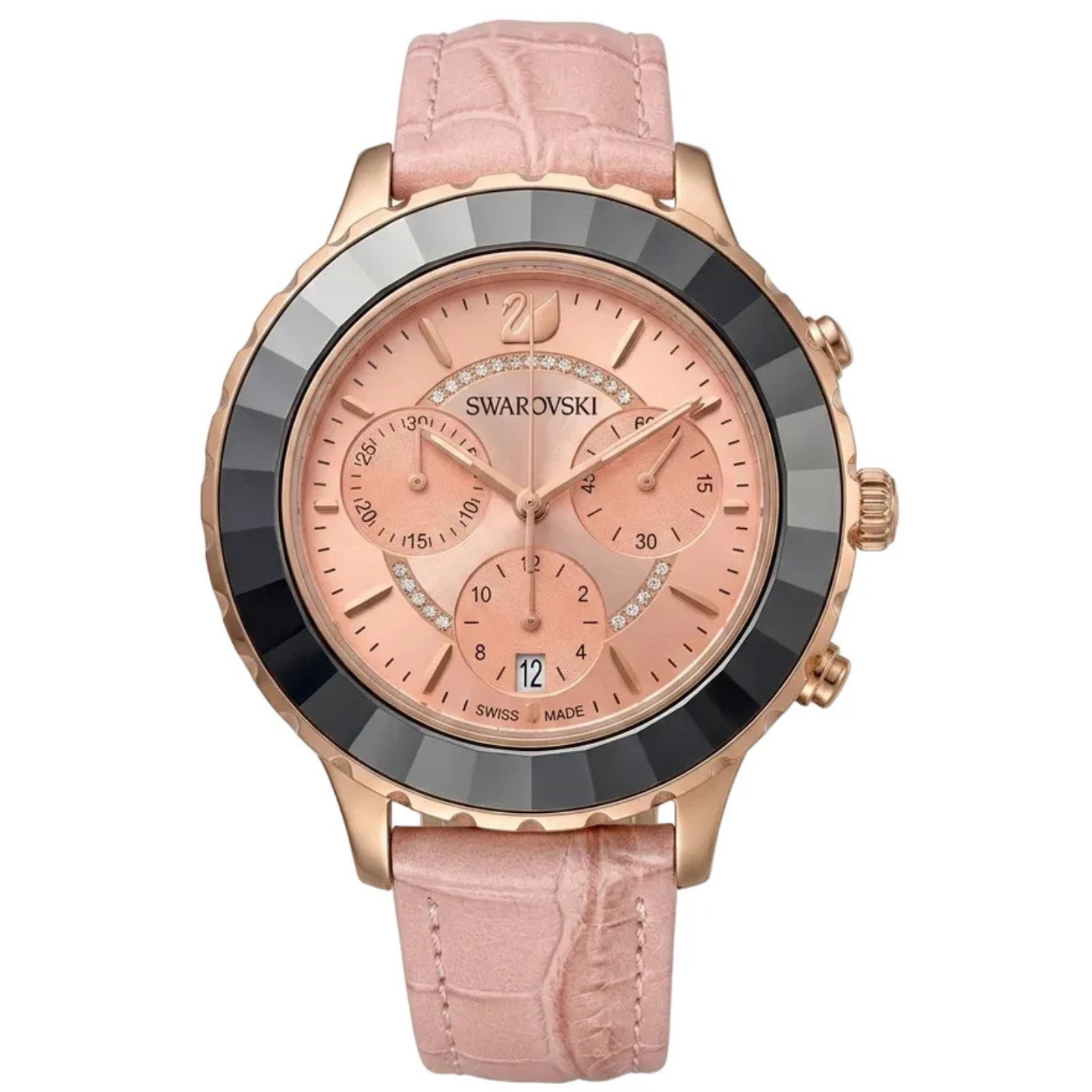 Swarovski Octea Lux Chrono watch with pink dial, rose-gold case, black bezel, and pink leather strap
