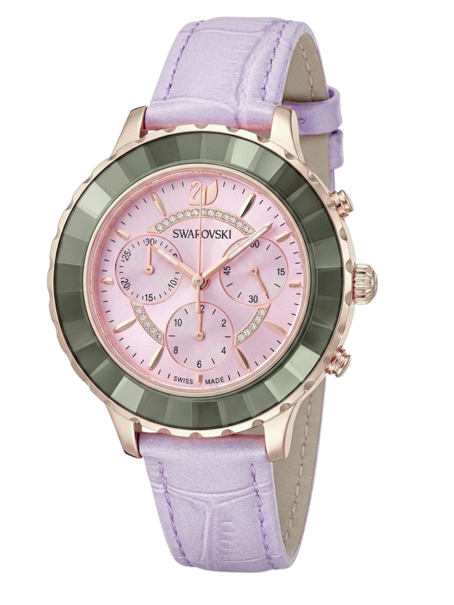 Swarovski Octea Lux Chrono women's watch with light purple leather strap worn on wrist