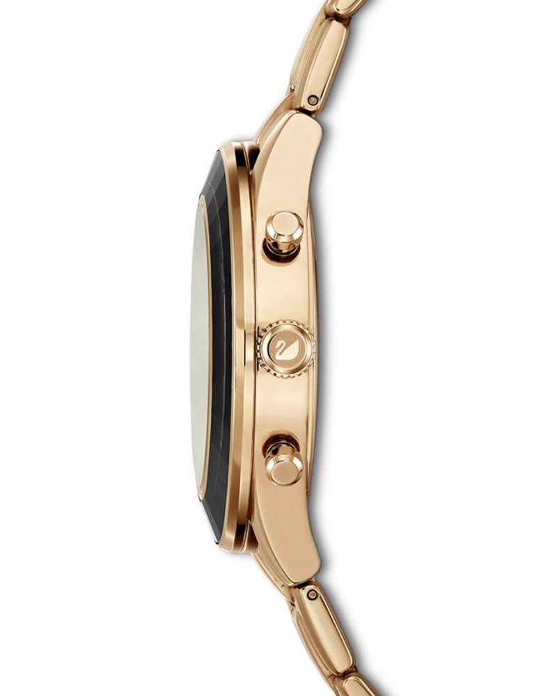 Case back and side profile of Octea Lux Sport watch showing rose gold-tone case and chronograph pushers