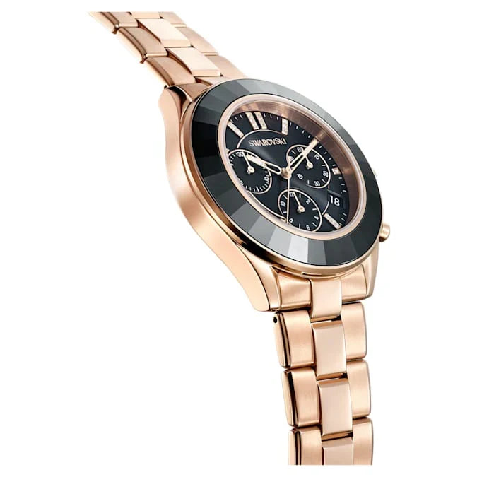 Side view of Octea Lux Sport watch with rose gold-tone metal bracelet and black bezel