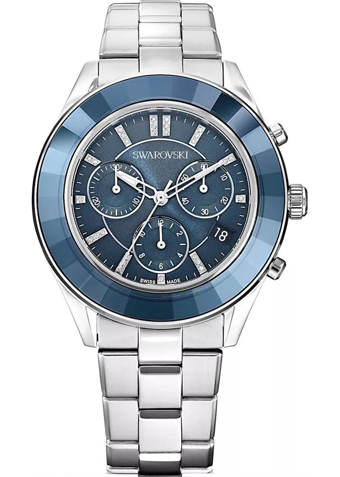 Swarovski Octea Lux Sport watch with blue faceted crystal bezel, blue chronograph dial, and silver steel bracelet