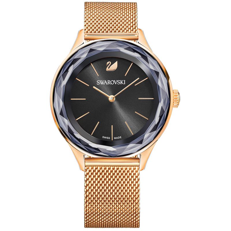Swarovski Octea Nova black dial watch with rose gold mesh strap and faceted bezel