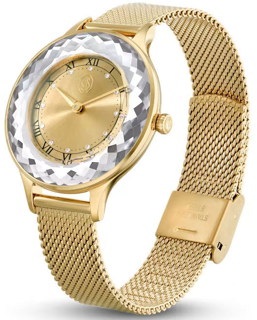Three-quarter view of Octea Nova watch showing gold mesh strap and sapphire bezel detail