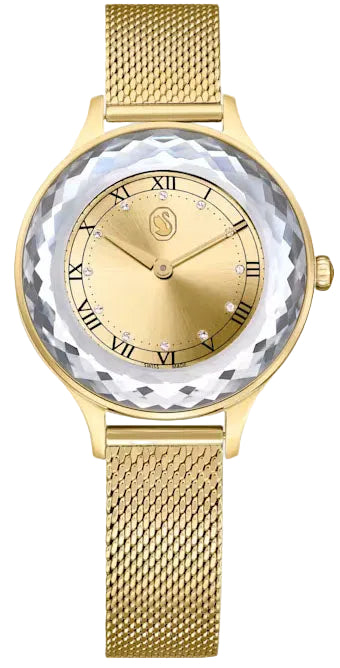 Swarovski Octea Nova women's watch with sapphire crystal bezel, gold dial, Roman numerals, and gold mesh strap