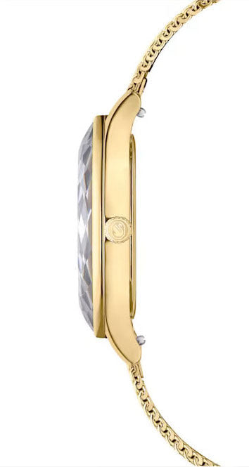 Profile view of Octea Nova watch case, bezel, and gold mesh strap