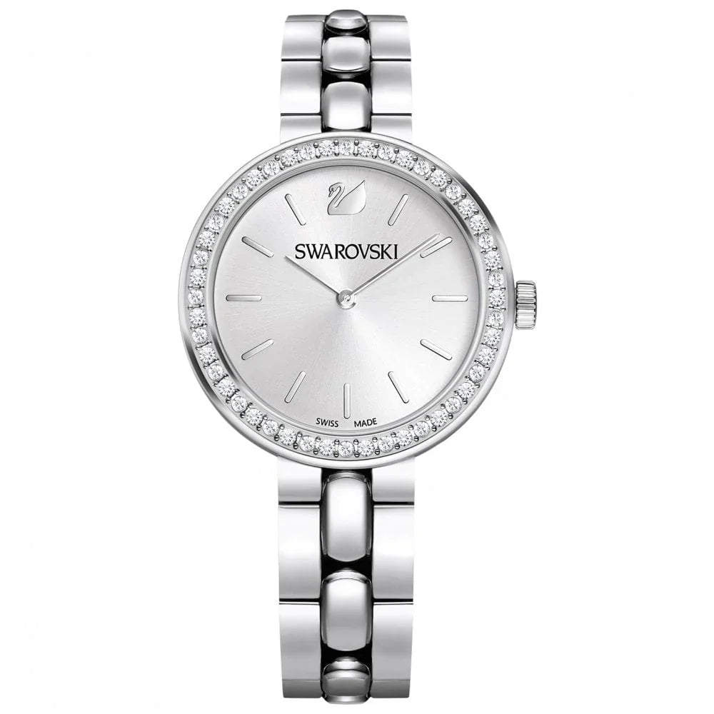 Swarovski Octea Sport watch with white dial, faceted crystal bezel, and stainless steel bracelet