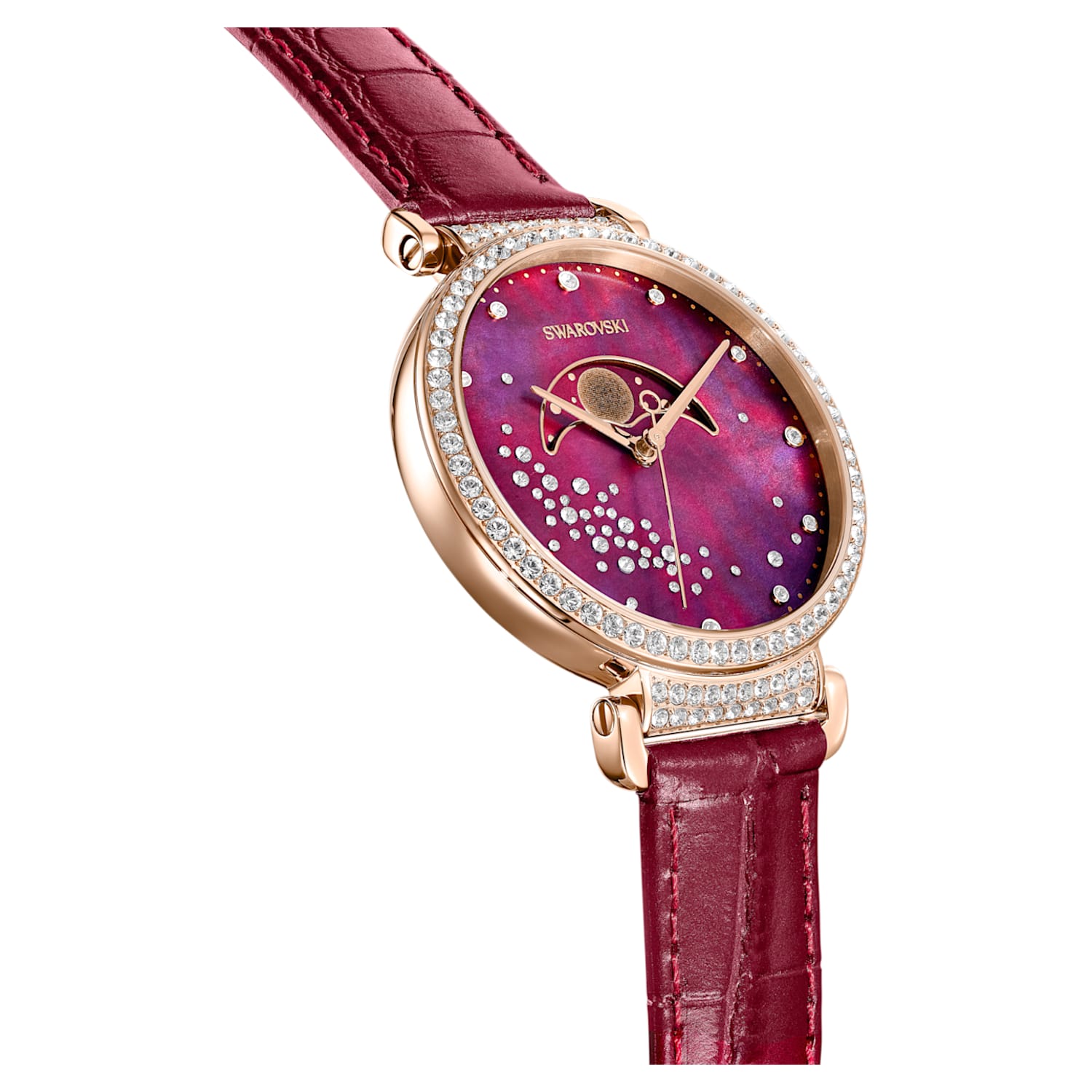 Swarovski Passage moon phase watch angled view showing dial and strap attachment