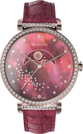 Swarovski Passage moon phase watch with mother of pearl burgundy dial and leather strap