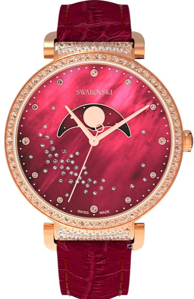 Swarovski Passage moon phase watch with burgundy mother of pearl dial and crystal bezel
