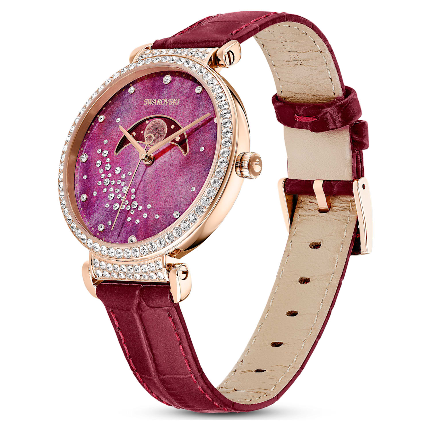 Swarovski Passage moon phase watch on wrist showing burgundy dial and leather strap detail