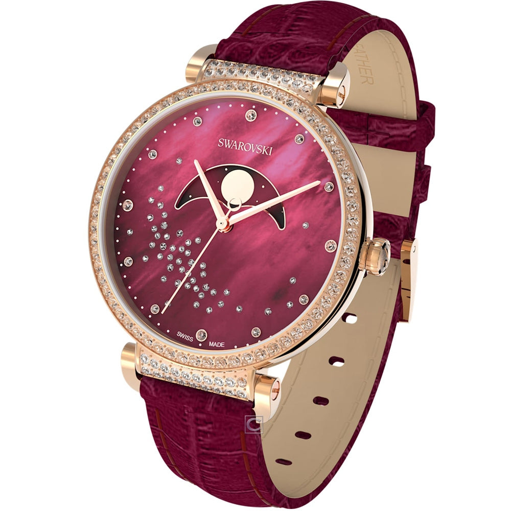 Swarovski Passage moon phase watch on wrist with burgundy leather strap