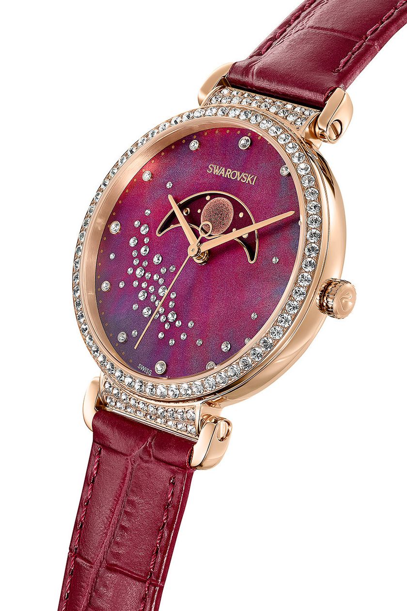 Swarovski Passage ladies watch side view with burgundy leather strap and rose gold case