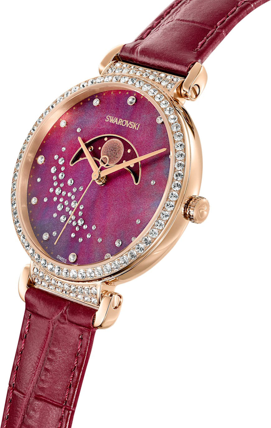 Swarovski Passage moon phase watch side view showing case and burgundy strap
