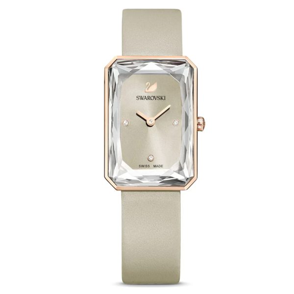 Swarovski Uptown ladies watch with rectangular crystal dial, rose-gold case, and beige strap