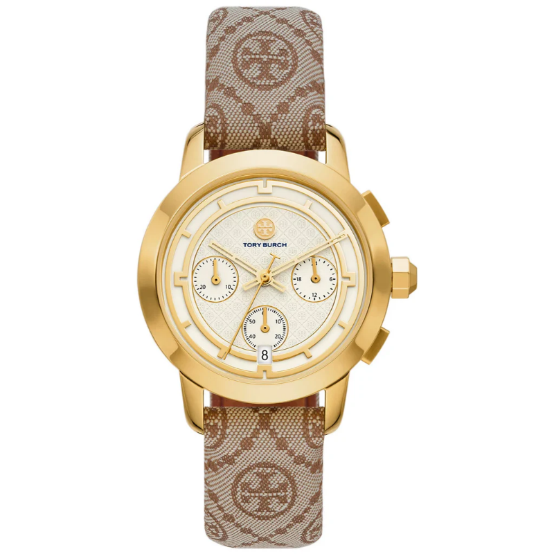 Gold chronograph watch with cream dial and monogram pattern strap