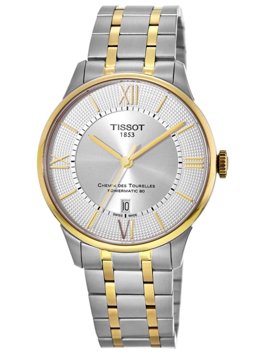 Tissot Chemin Des Tourelles men's watch three-quarter angle view showing two-tone bracelet and date window