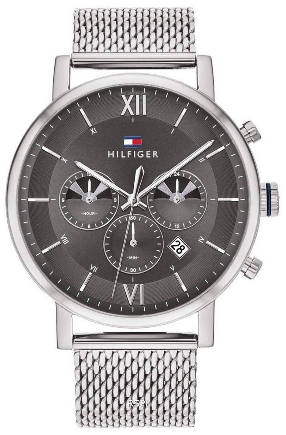 Tommy Hilfiger Evan chronograph watch with grey dial, three subdials and mesh strap