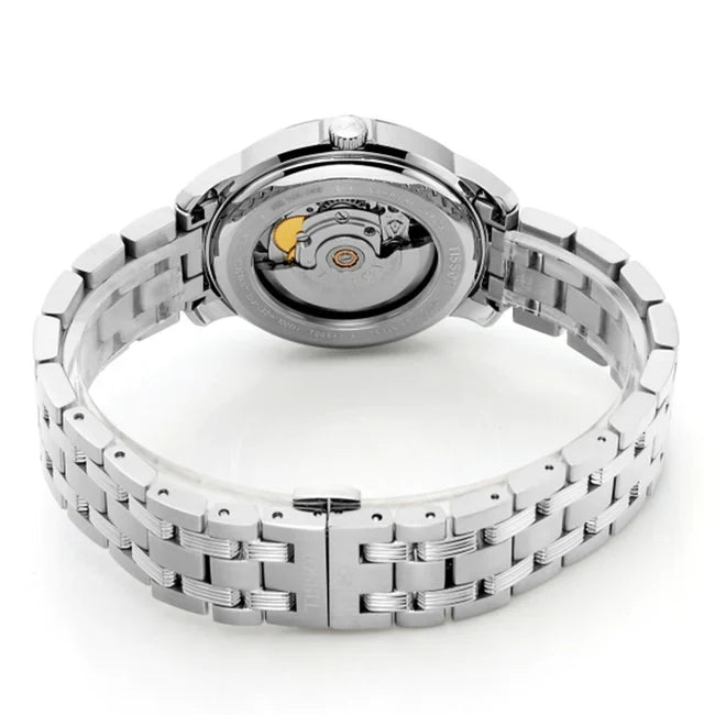 Tissot Automatics III caseback showing automatic movement with visible rotor