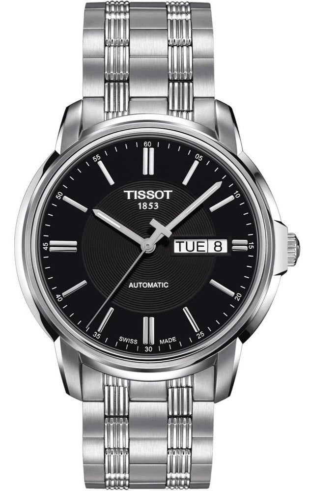 Tissot Automatics III black dial automatic watch with silver steel bracelet and day-date window