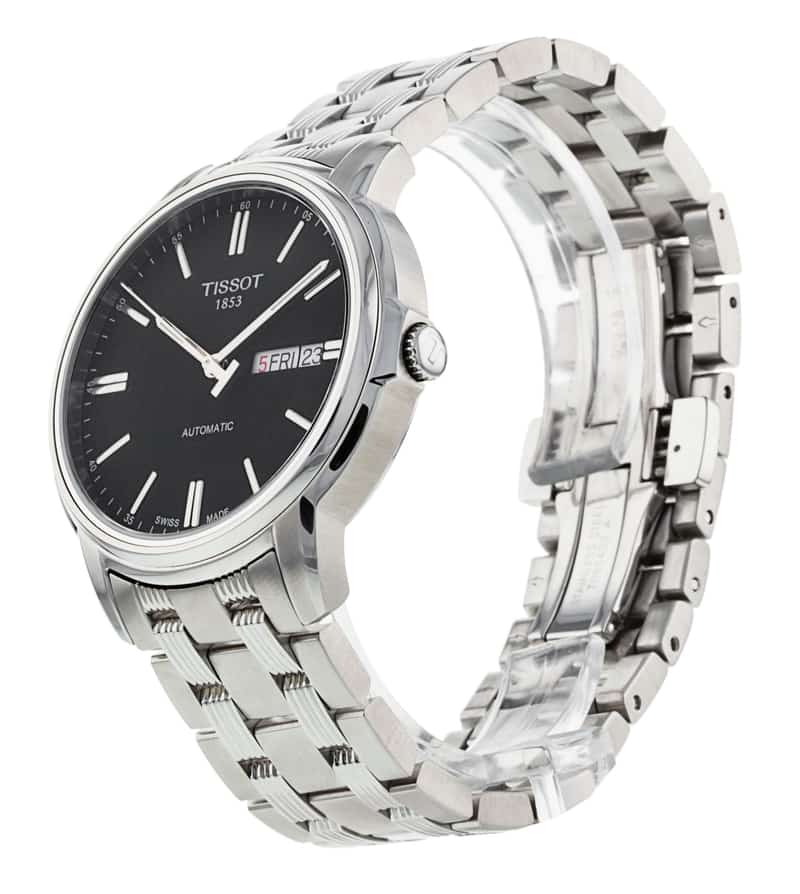 Tissot Automatics III stainless steel watch displayed on wrist with bracelet
