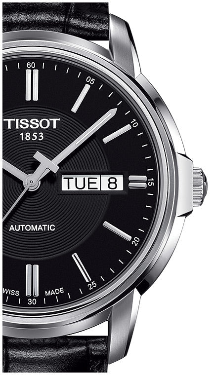 Tissot Automatics III dial detail showing hour markers and day-date aperture