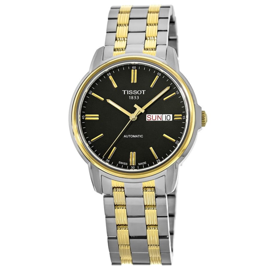 Tissot Automatics automatic watch with black dial, two-tone steel bracelet, day-date display