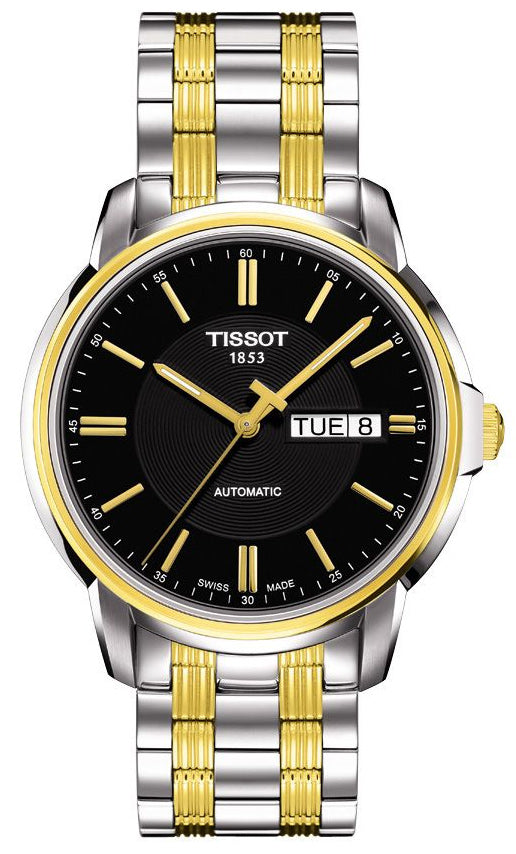 Tissot Automatics two-tone steel watch with black dial, gold-tone indices and hands, day-date window
