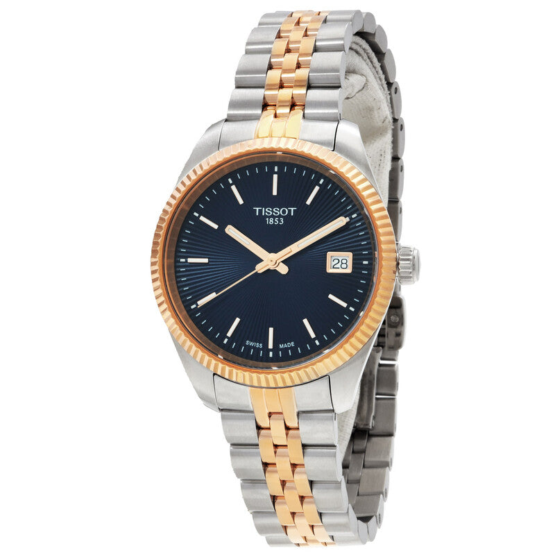 Three-quarter angle view of Tissot Ballade watch showing two-tone bracelet and rose gold bezel details