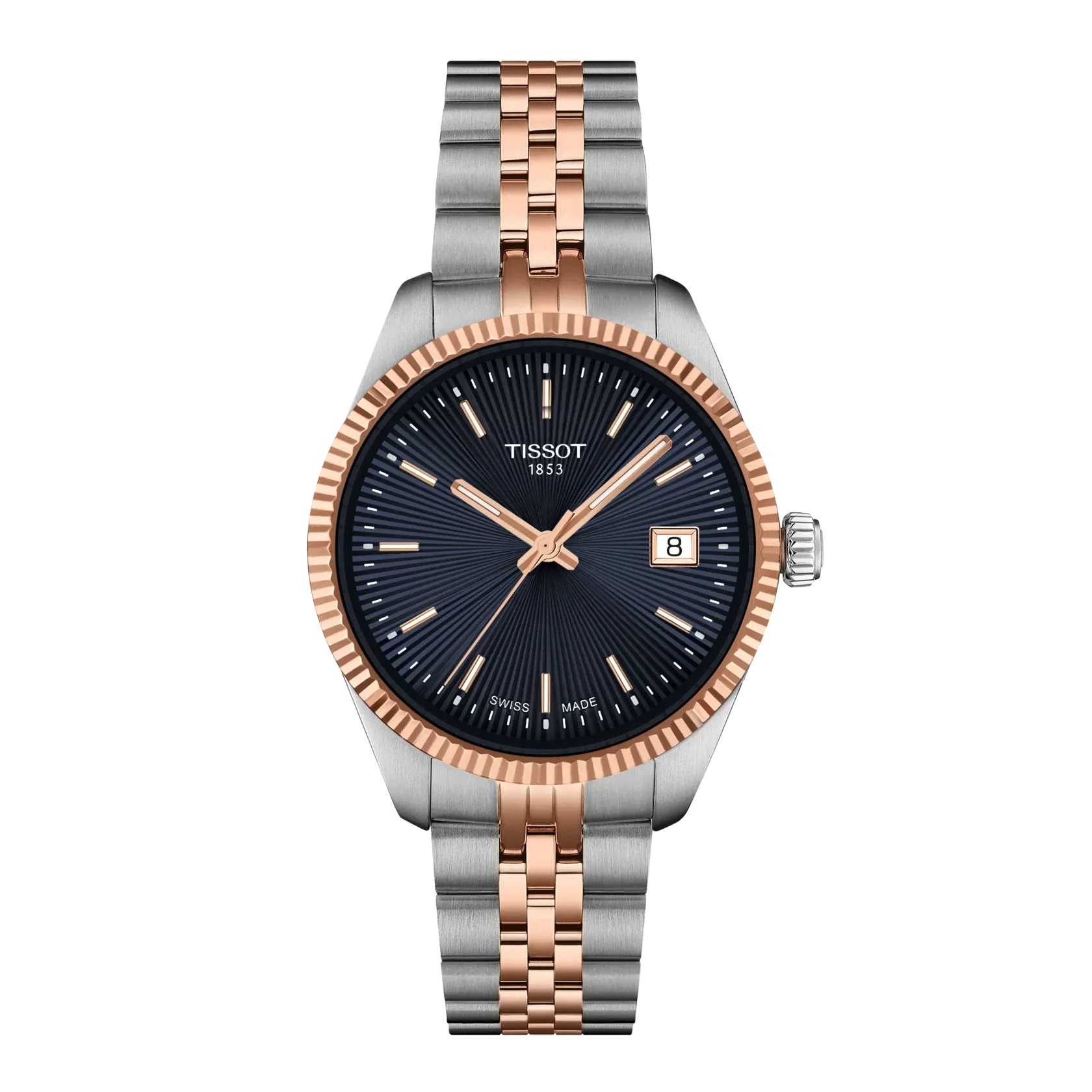 Tissot Ballade quartz women's watch with blue dial, two-tone steel and rose gold bracelet, fluted bezel, and date window